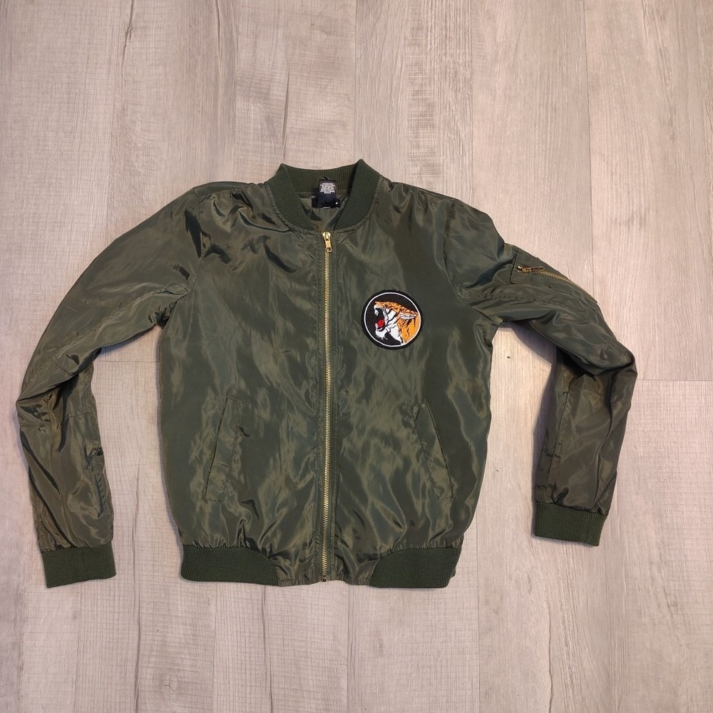 Wet Seal satin tiger bomber jacket Medium Army‎ Green Polyester
